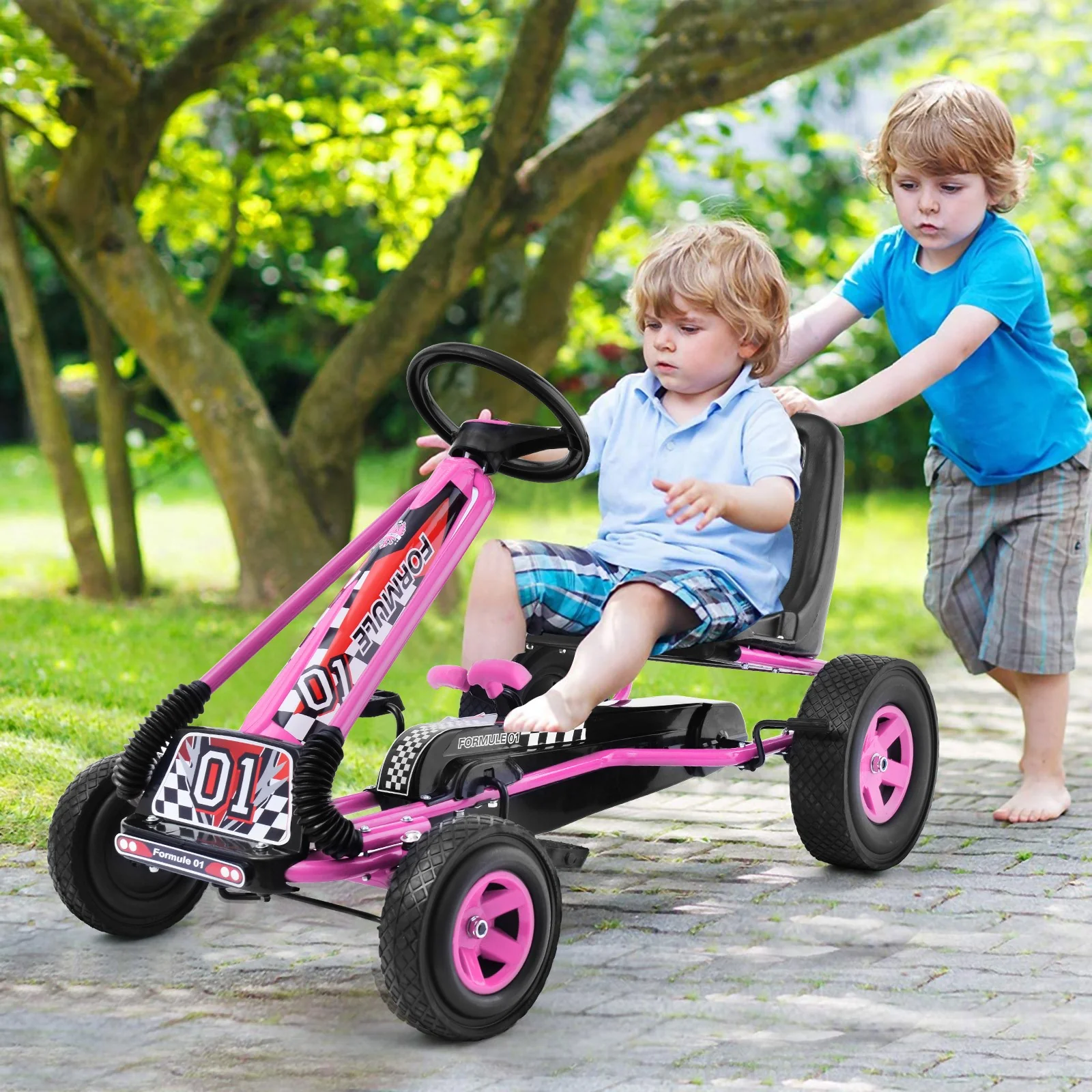 Kids Pedal-Powered 4-Wheel Ride-On Kart with Adjustable Seat Pink - Image 3