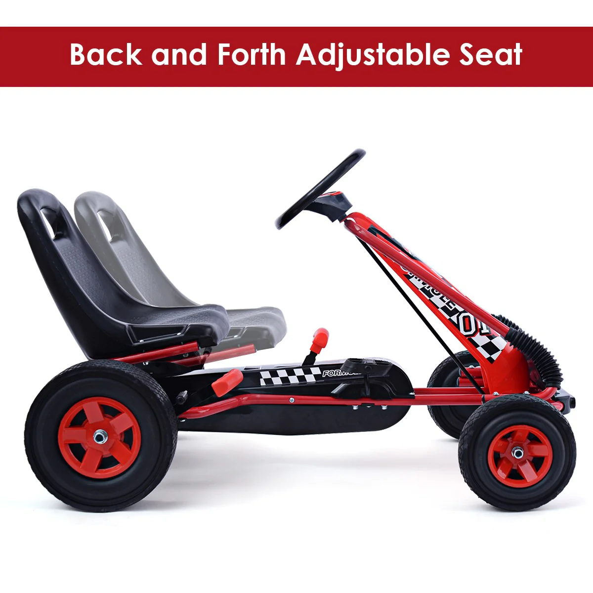 4-Wheel Pedal-Powered Kids Ride-On Kart with Adjustable Seat - Red - Image 4