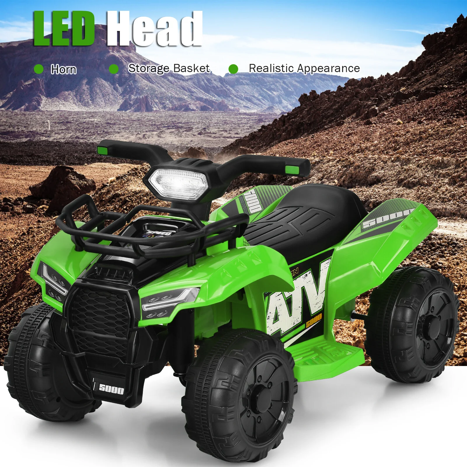 Kids 6V Electric Ride-On ATV Quad with LED Lights and MP3 Player, Green - Image 5
