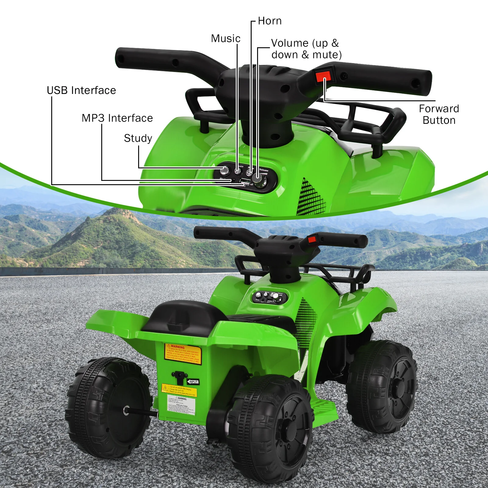 Kids 6V Electric Ride-On ATV Quad with LED Lights and MP3 Player, Green - Image 8
