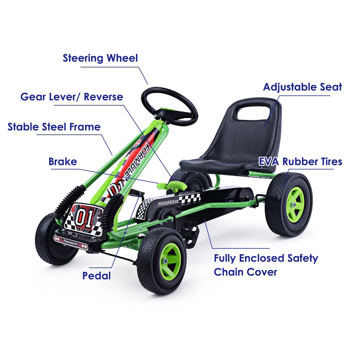 Kids 4-Wheel Pedal-Powered Ride-On Go-Kart with Adjustable Seat Green - Image 8