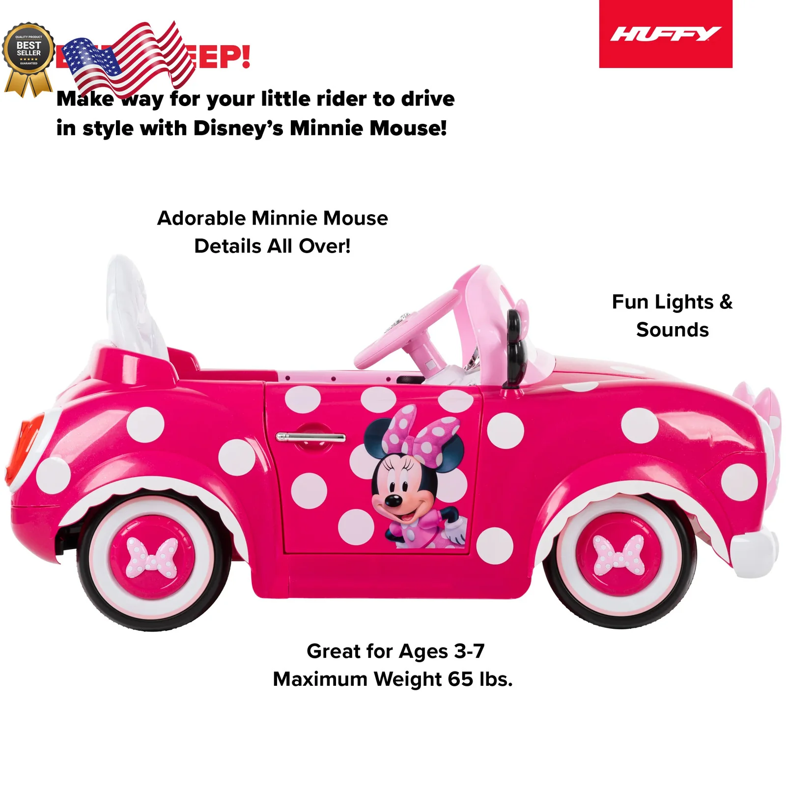 Disney Minnie Mouse 6V Battery-Powered Ride-On Car for Kids Ages 3+ - Image 2