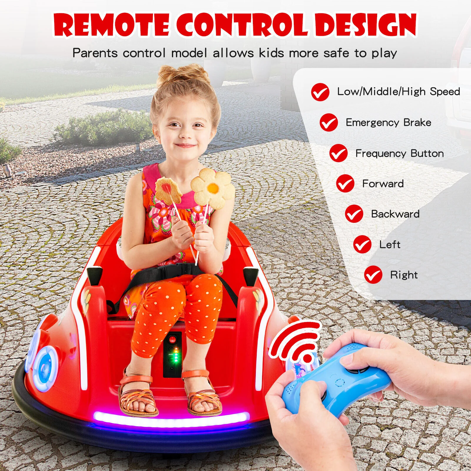 Interactive 12V Kids Bumper Car with Remote Control, LED Lights, and Music - Red - Image 7