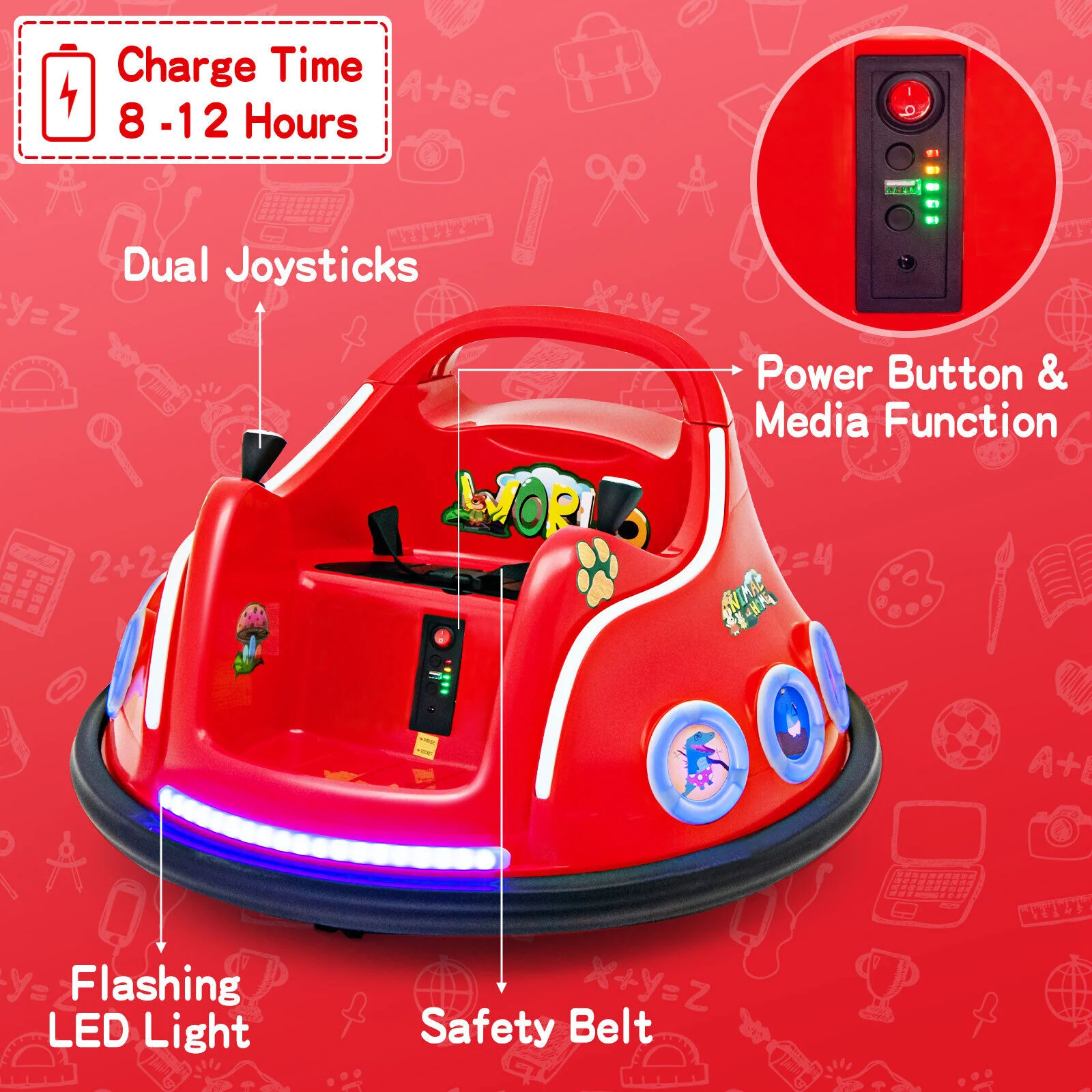 Interactive 12V Kids Bumper Car with Remote Control, LED Lights, and Music - Red - Image 8