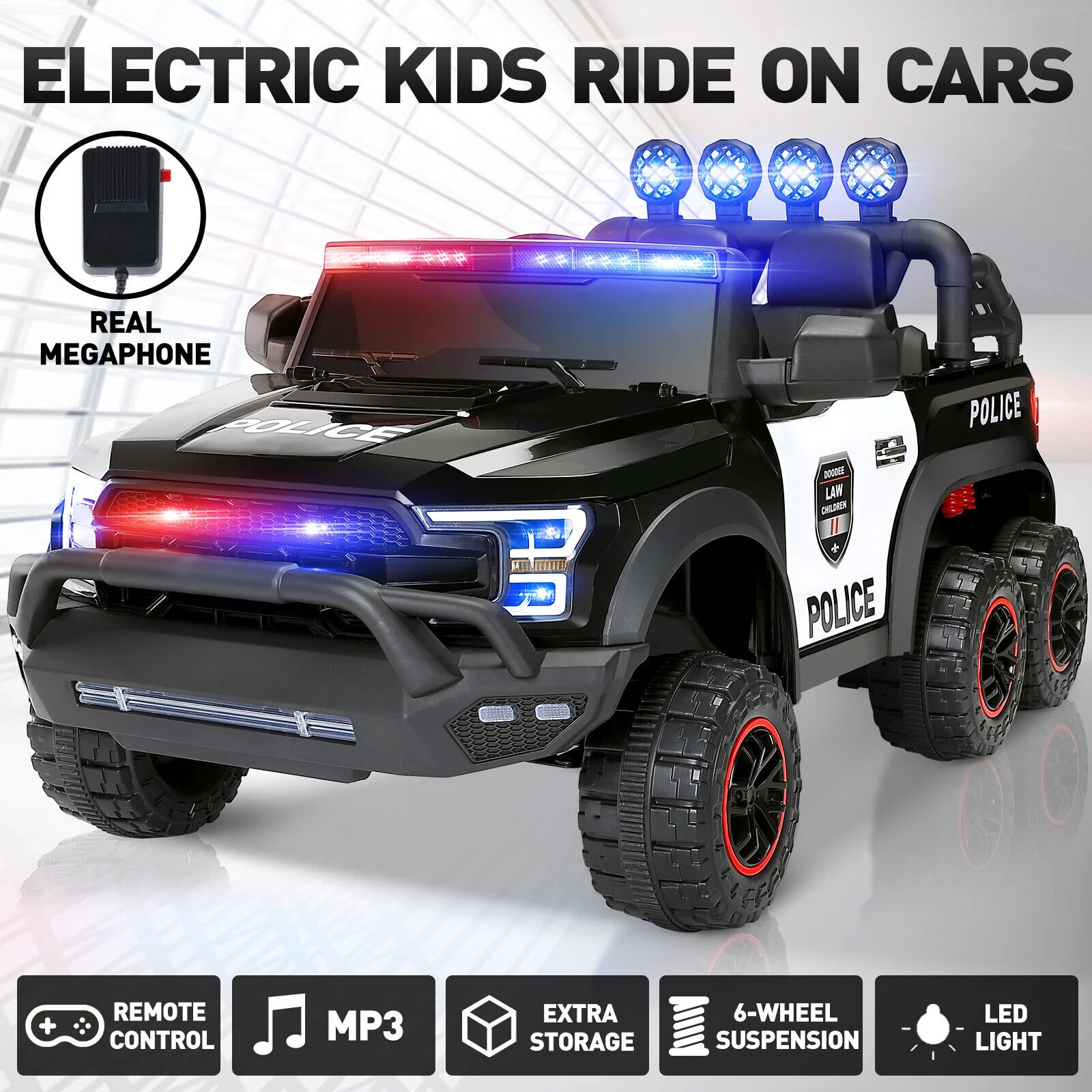 Interactive 12V Police Car Ride-On with RC, LED Lights, and Intercom - 6 Wheel Truck for Kids - Image 12