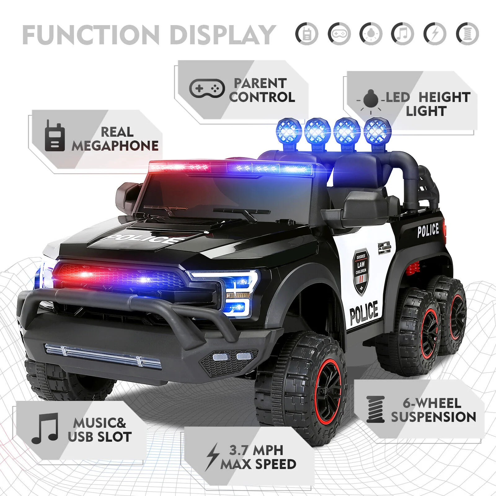 Interactive 12V Police Car Ride-On with RC, LED Lights, and Intercom - 6 Wheel Truck for Kids - Image 3