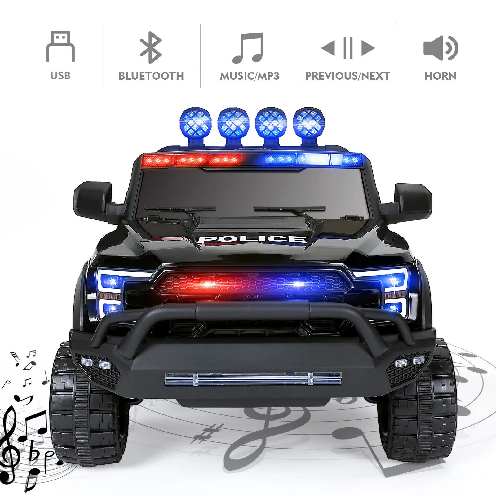 Interactive 12V Police Car Ride-On with RC, LED Lights, and Intercom - 6 Wheel Truck for Kids - Image 4