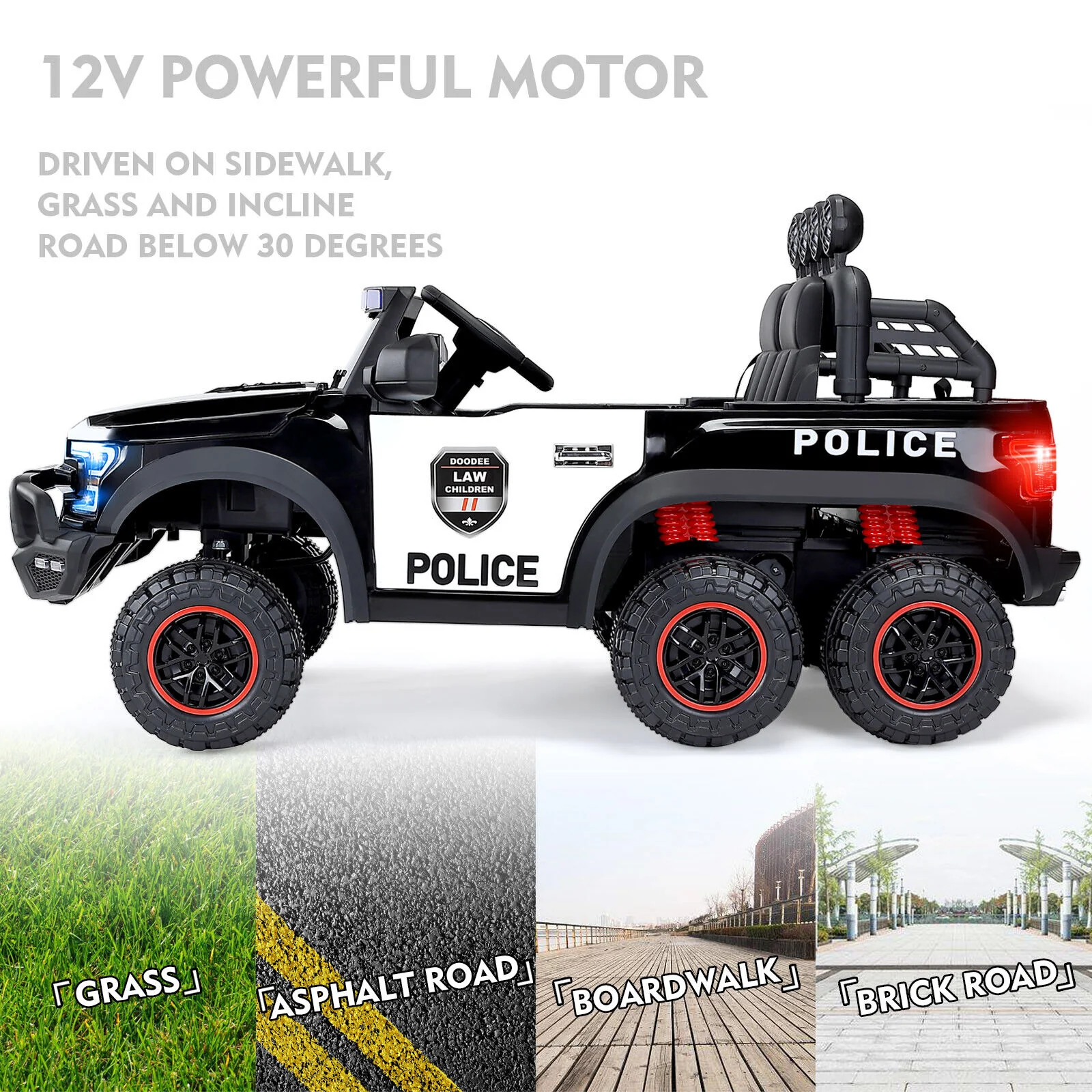 Interactive 12V Police Car Ride-On with RC, LED Lights, and Intercom - 6 Wheel Truck for Kids - Image 5