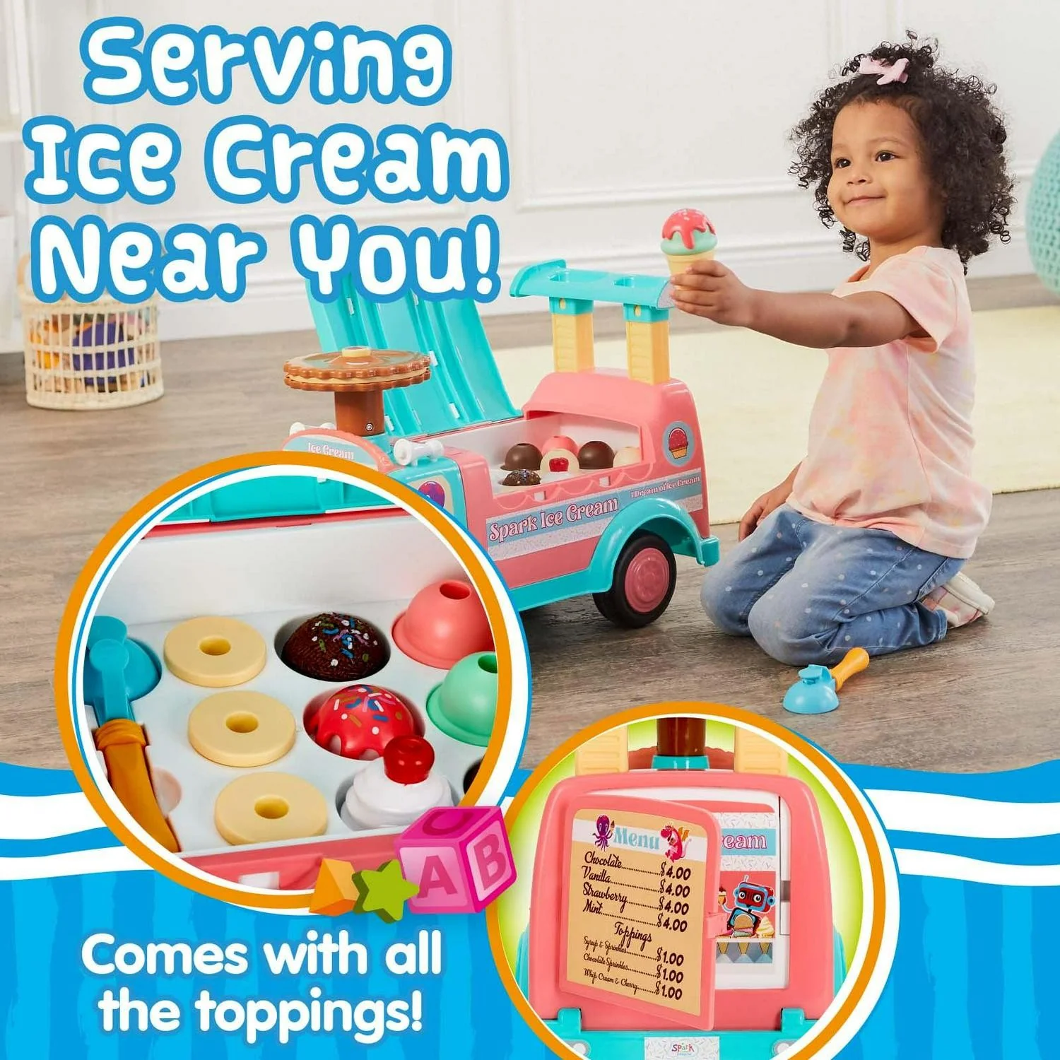 Interactive Ice Cream Push Ride-On Toy for Toddlers Ages 1-3 Boys and Girls - Image 9