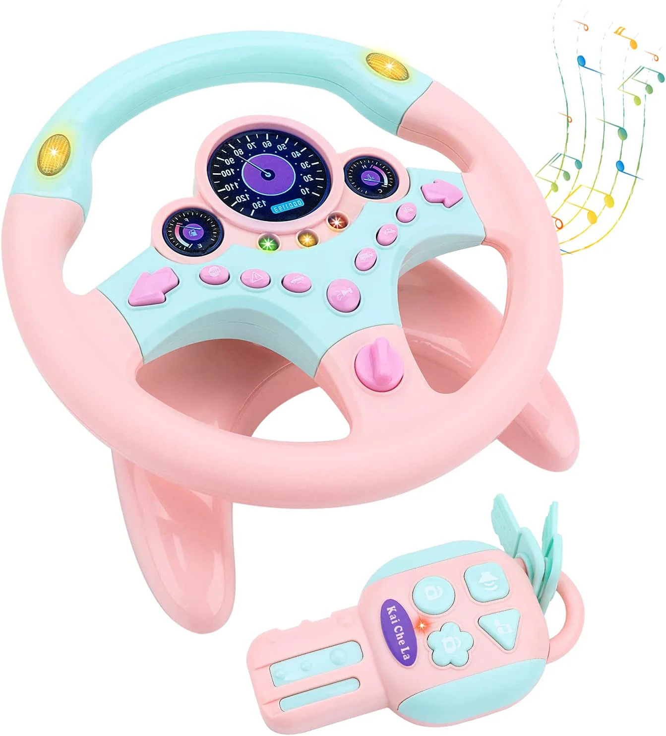 Interactive Pink Backseat Steering Wheel Toy with Lights, Music, and Pretend Car Key - Image 11