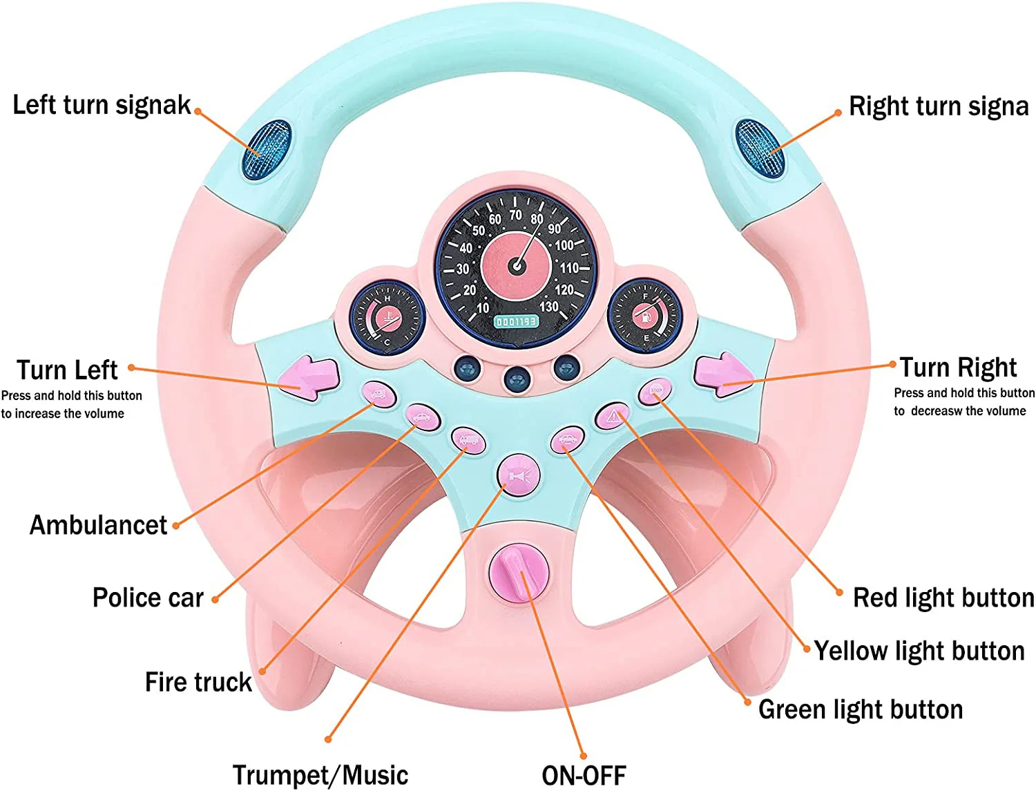 Interactive Pink Backseat Steering Wheel Toy with Lights, Music, and Pretend Car Key - Image 4