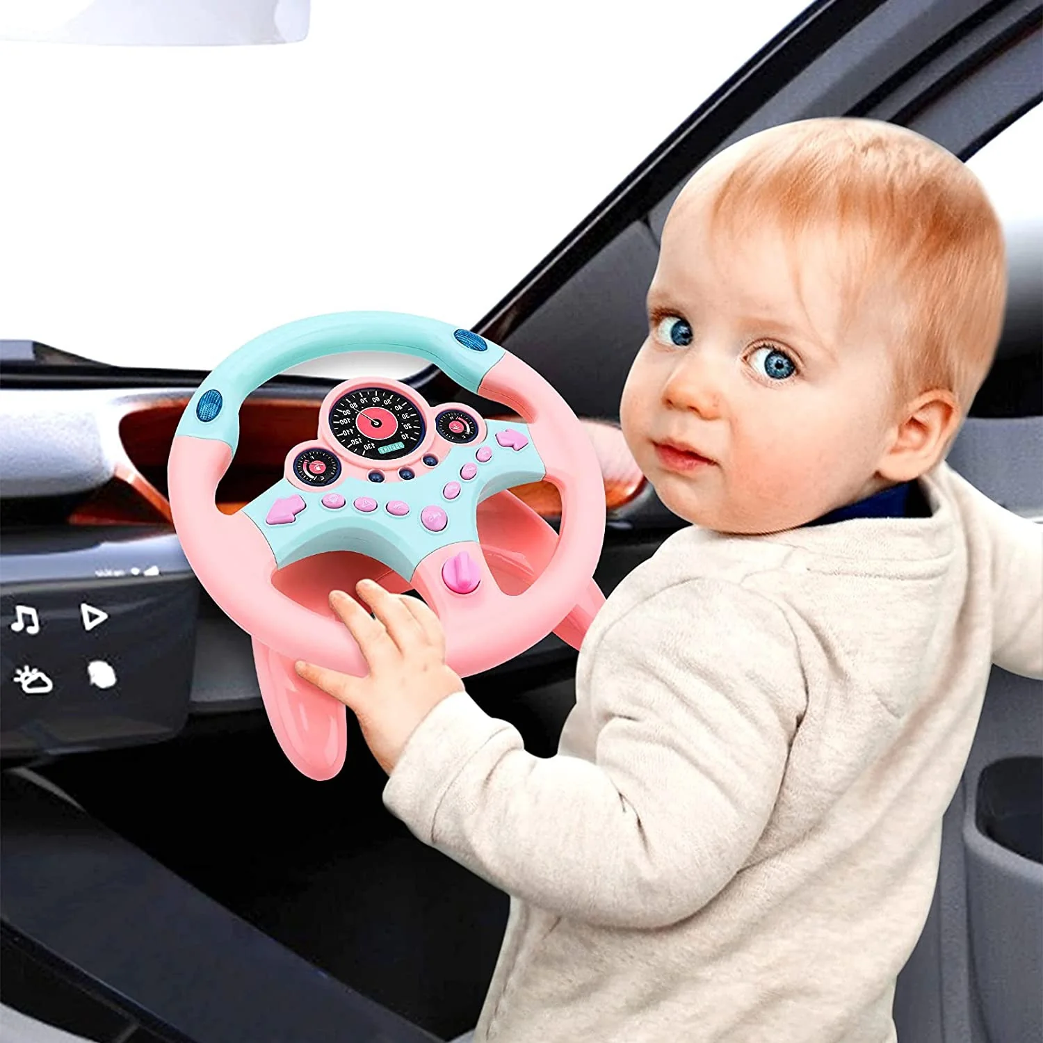 Interactive Pink Backseat Steering Wheel Toy with Lights, Music, and Pretend Car Key - Image 9