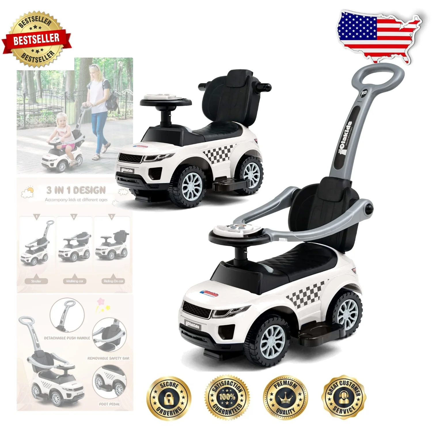 4-in-1 Toddler Car with Removable Push Handle and Safety Guardrails - Image 12