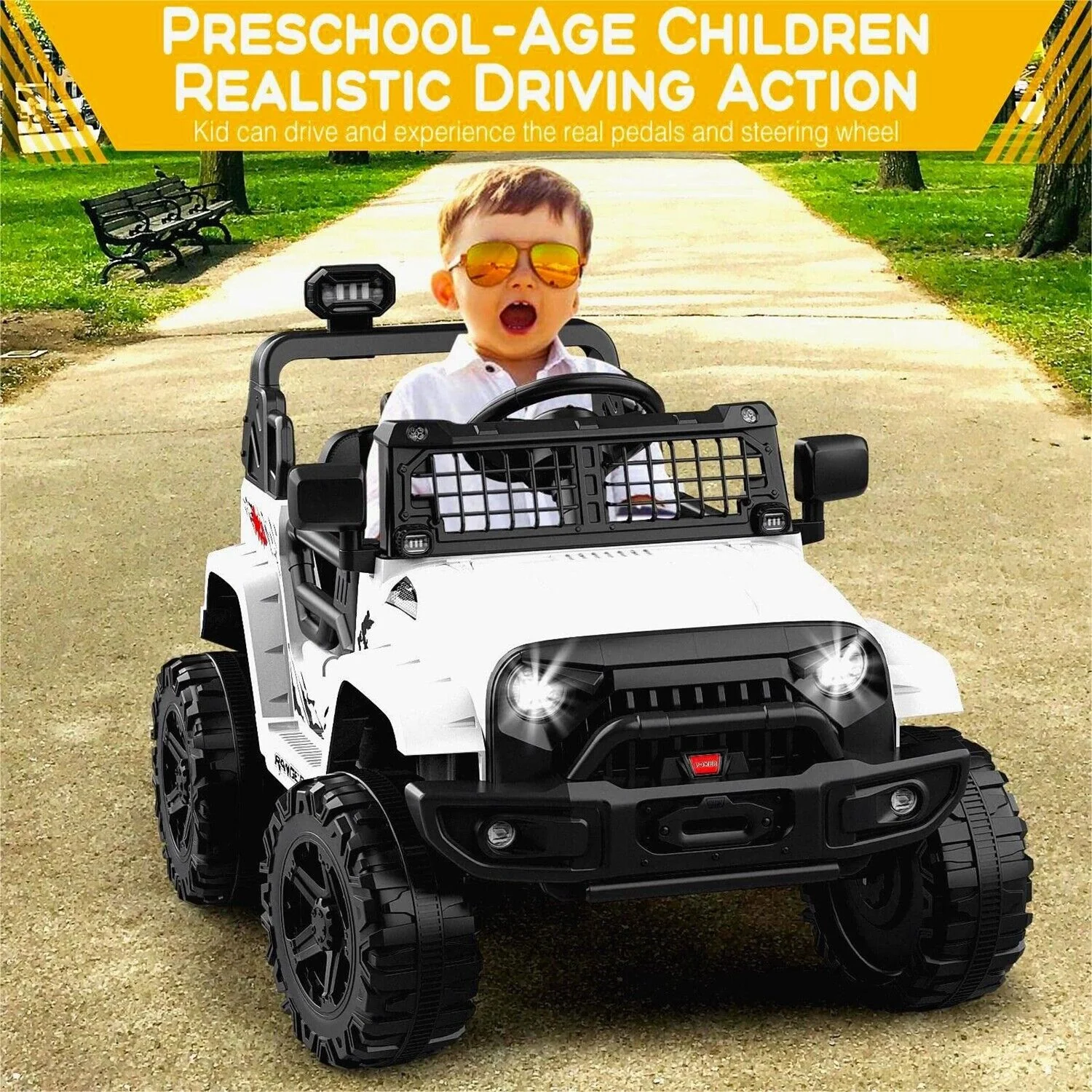 Jeep-Inspired 12V Ride-On Truck for Kids Ages 3-8, White - Image 2