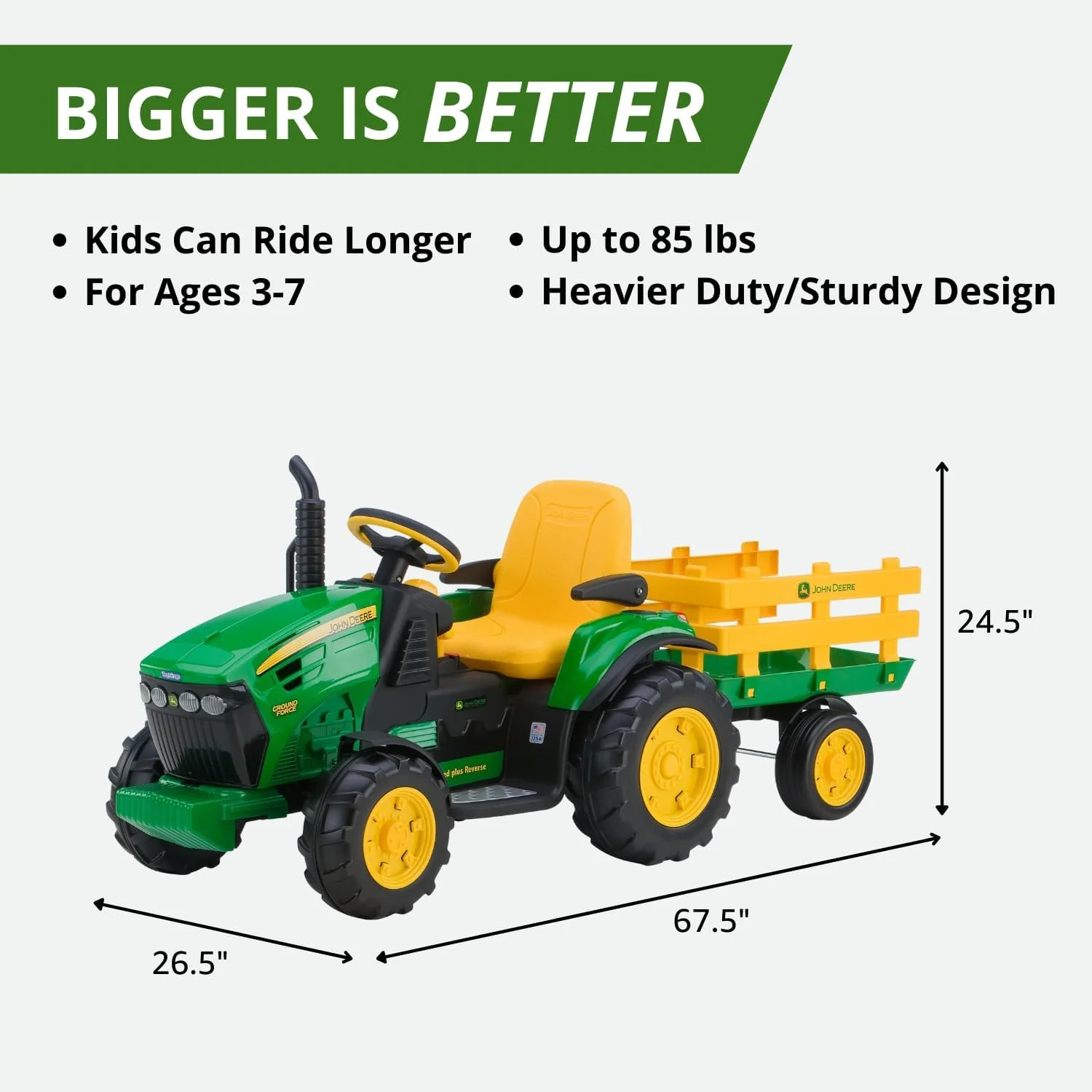 John Deere 12V Ground Force Ride-On Tractor with Trailer - Image 2