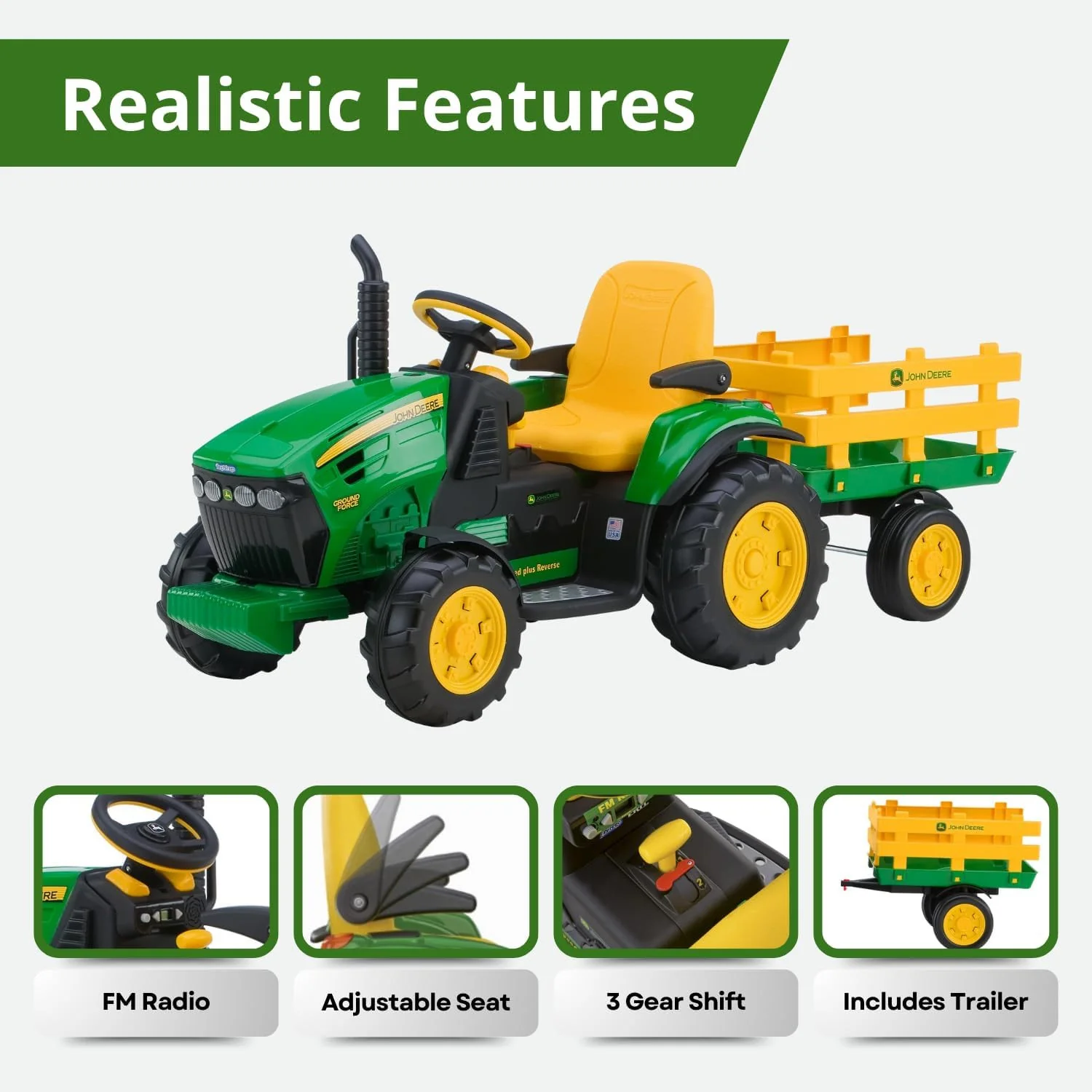John Deere 12V Ground Force Ride-On Tractor with Trailer - Image 3