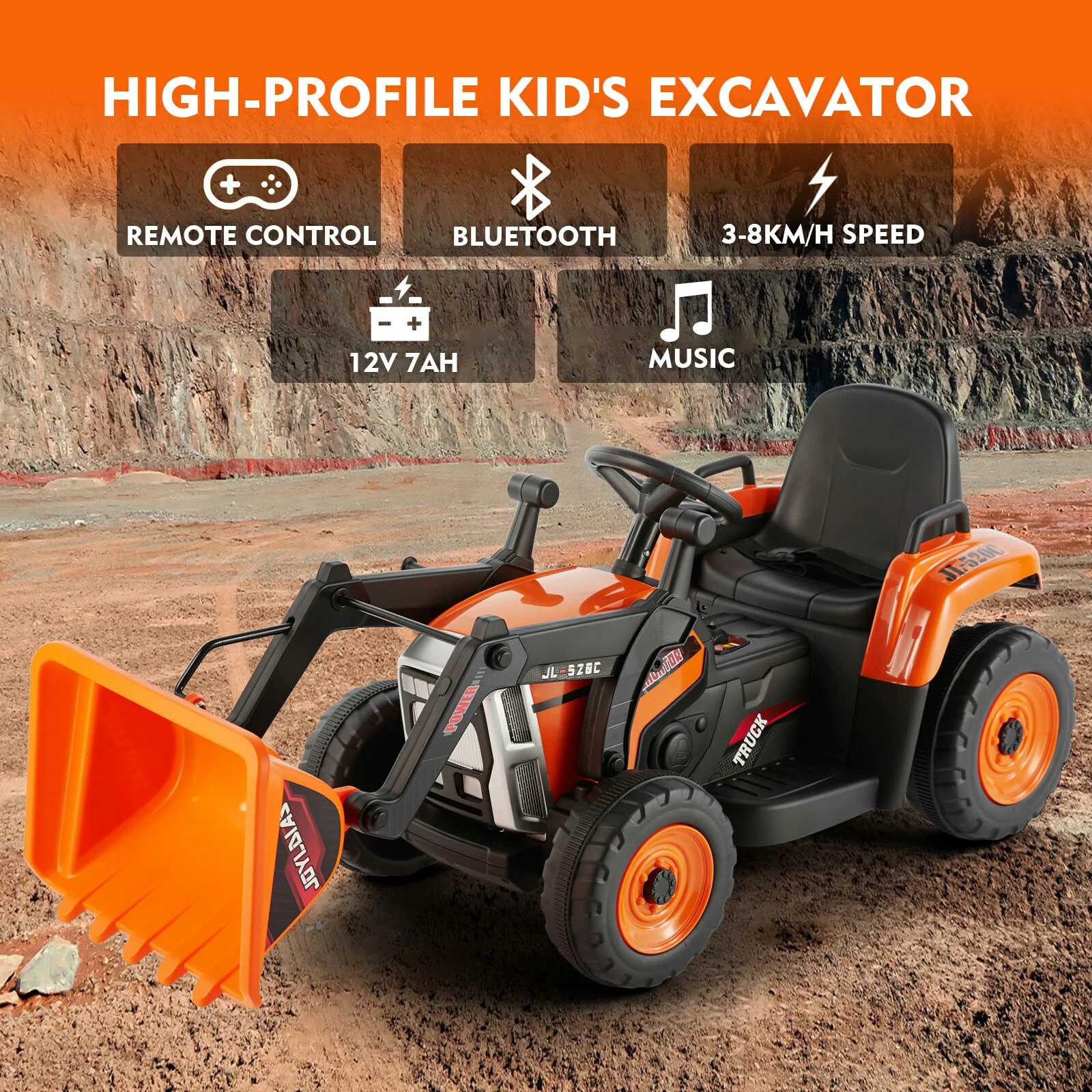 12V Battery Powered Kids Ride-On Excavator Truck Digger with 3 Speeds, Music, and Remote Control - Image 16