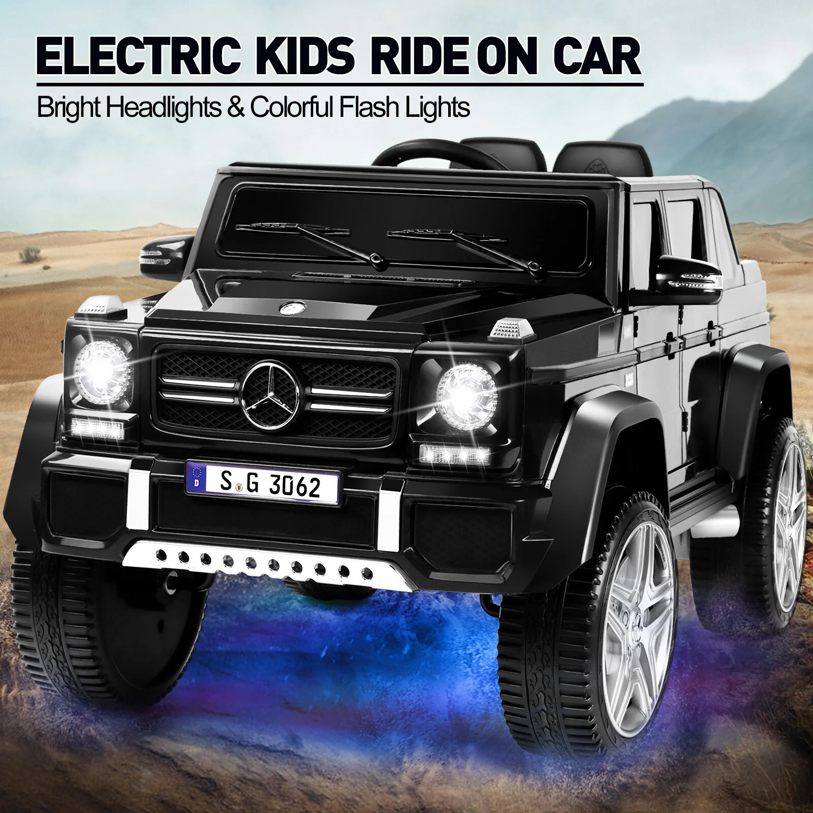 12V Black Kids Ride-On Car Truck with Battery, LED Lights, Music, and Remote Control