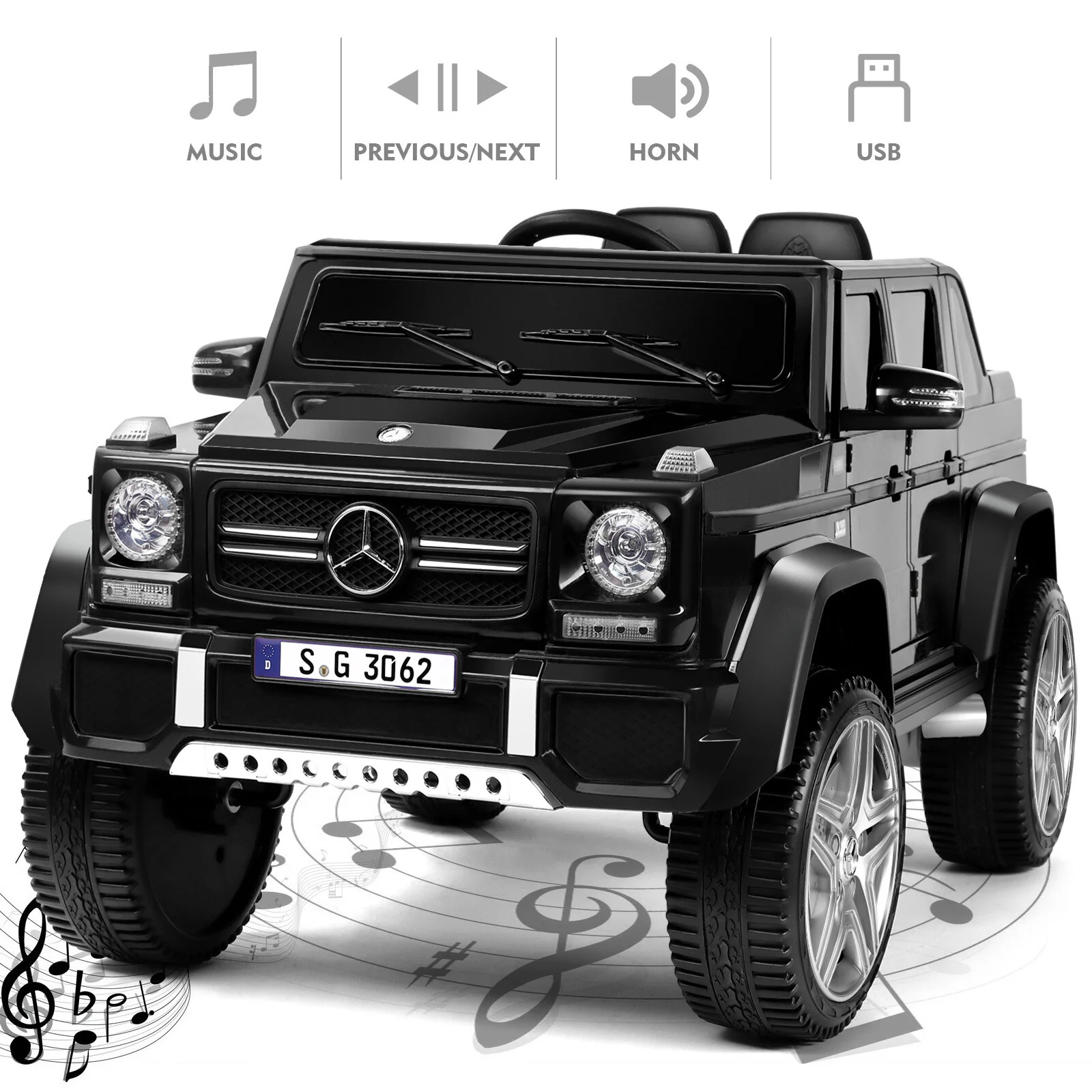 12V Black Kids Ride-On Car Truck with Battery, LED Lights, Music, and Remote Control - Image 4