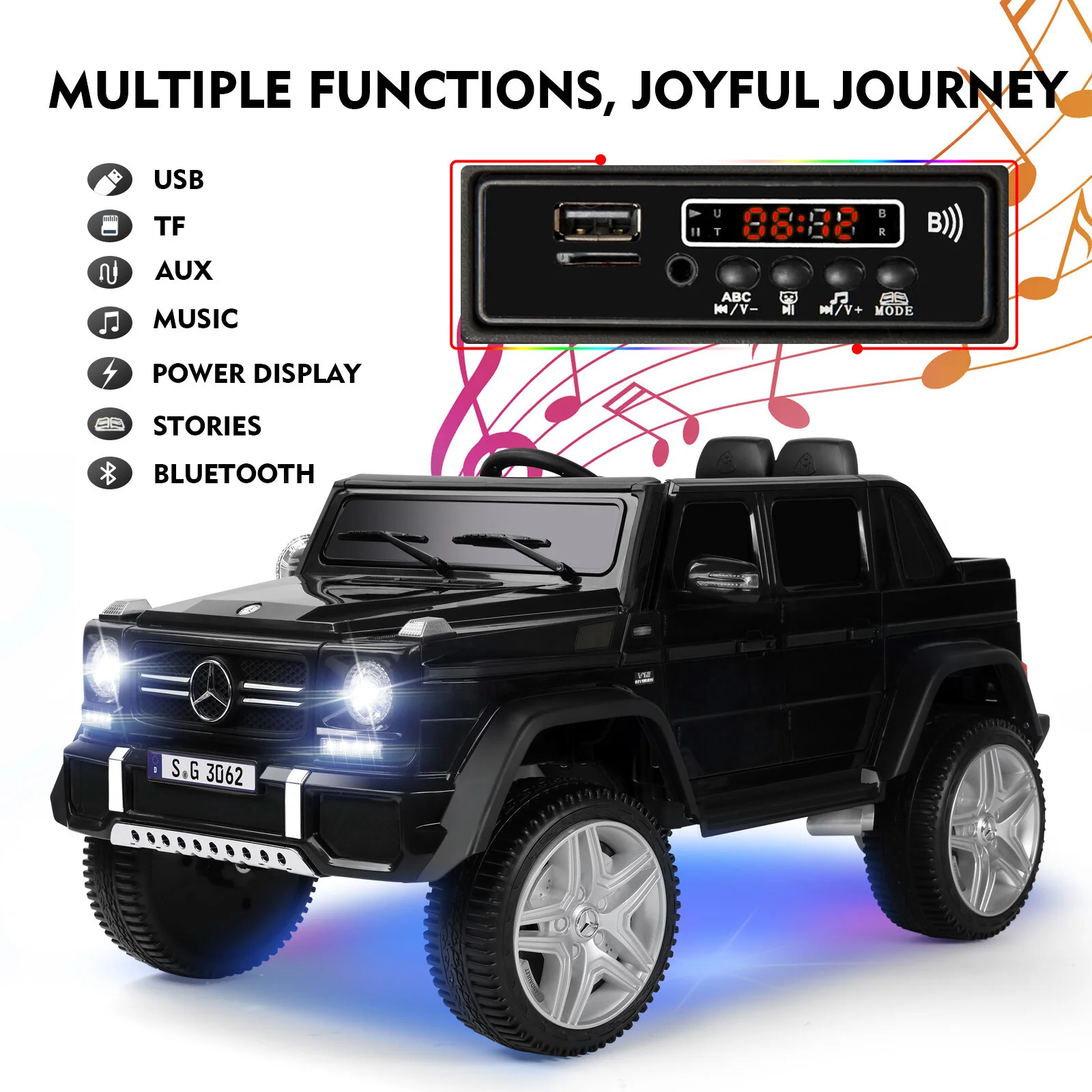 12V Black Kids Ride-On Car Truck with Battery, LED Lights, Music, and Remote Control - Image 5