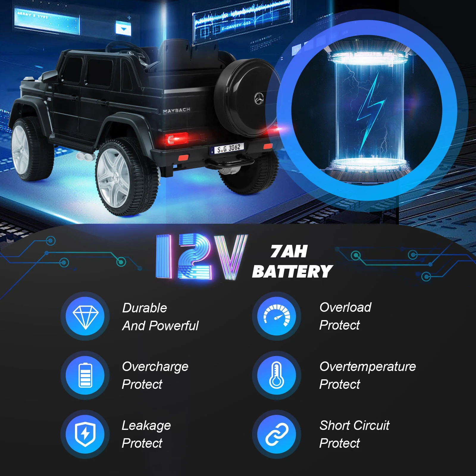 12V Black Kids Ride-On Car Truck with Battery, LED Lights, Music, and Remote Control - Image 6