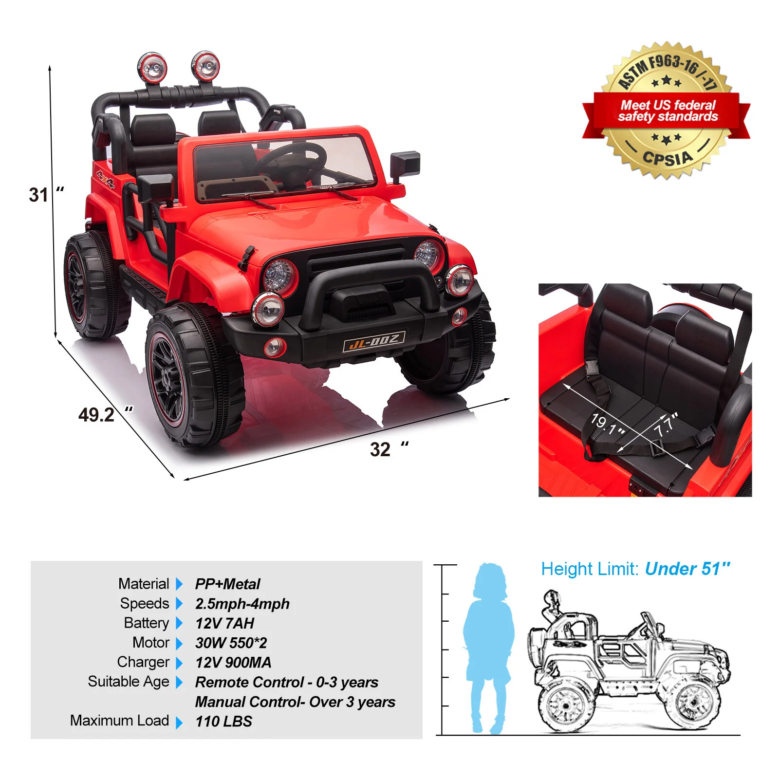 12V Kids Electric Ride-On Jeep Truck with Remote Control and Music, Available in Pink, Black, and Red - Image 3