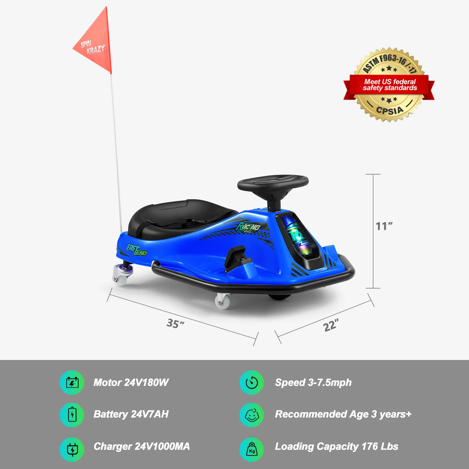 Blue 24V Electric Kids 360° Drifting Ride-On Go-Kart with Variable Speed - Image 5