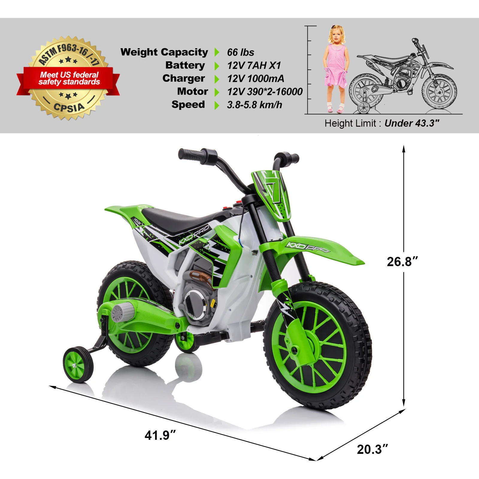 Green 12V Electric Kids Ride-On Dirt Bike Motorcycle with Training Wheels - Image 3