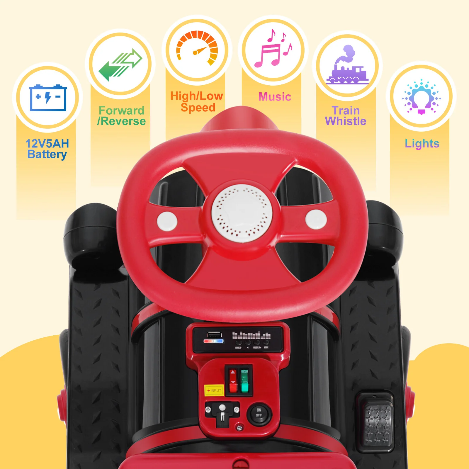 Large 2-Seater Red 12V Kids Electric Ride-On Train with Carriage and Music - Image 7