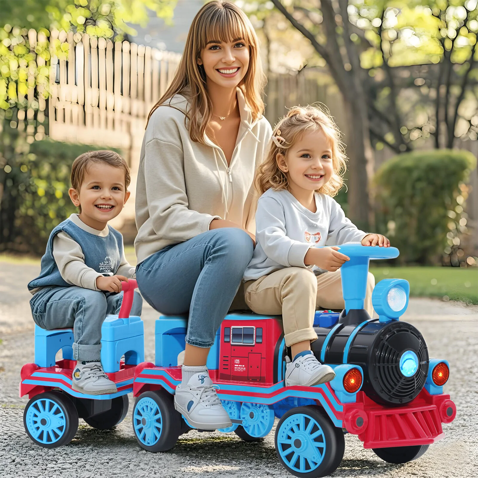 Large 12V Electric 2-Seater Blue Kids Ride-On Train with Carriage and 2 Speeds - Image 3