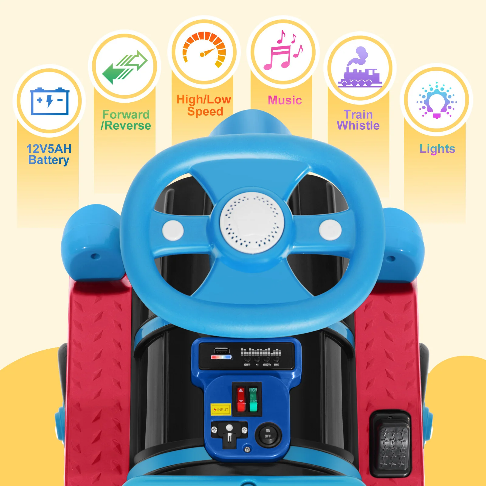 Large 12V Electric 2-Seater Blue Kids Ride-On Train with Carriage and 2 Speeds - Image 7