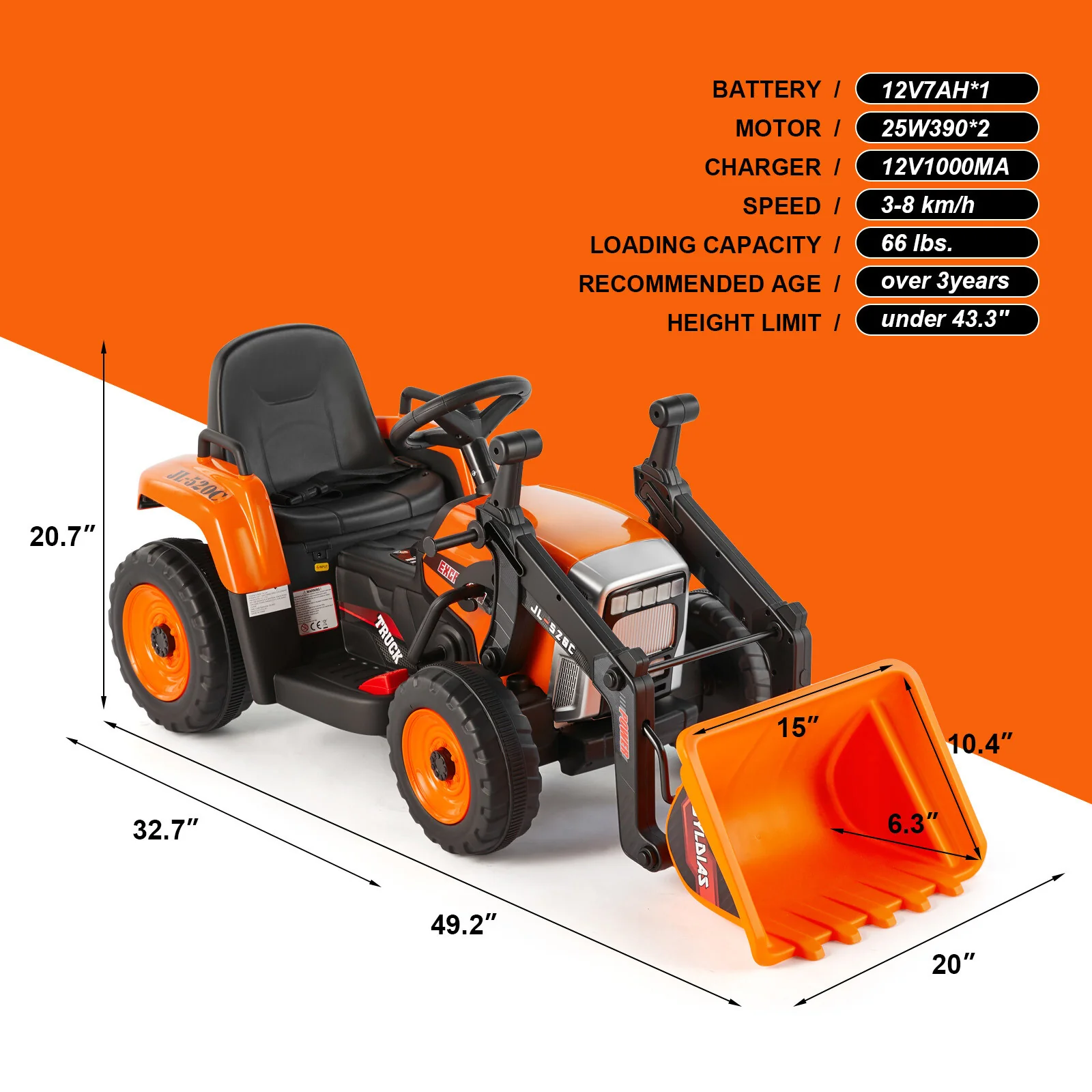 12V Orange Electric Ride-On Excavator with Remote Control for Kids Boys and Girls Gift - Image 4