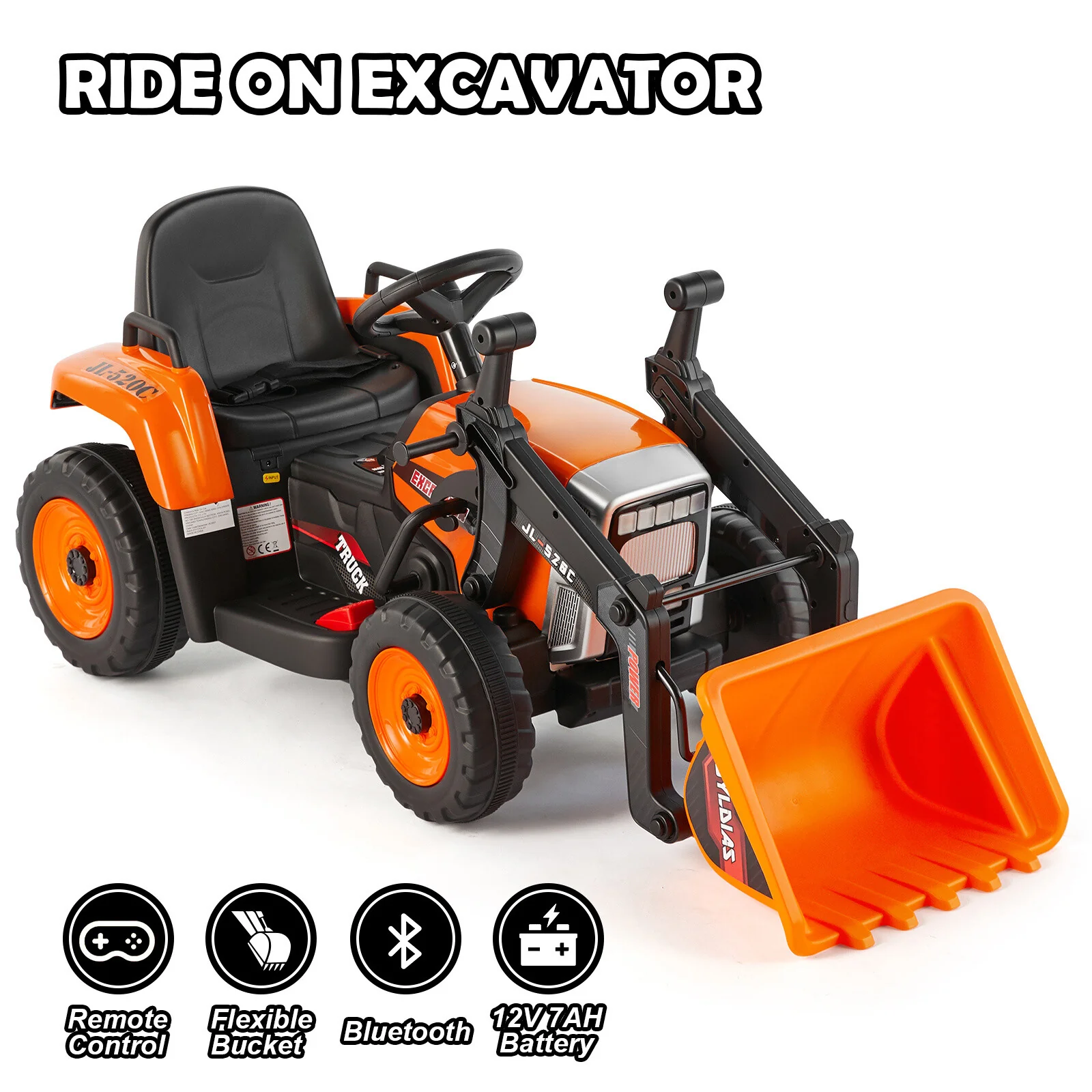 12V Orange Electric Ride-On Excavator with Remote Control for Kids Boys and Girls Gift - Image 7