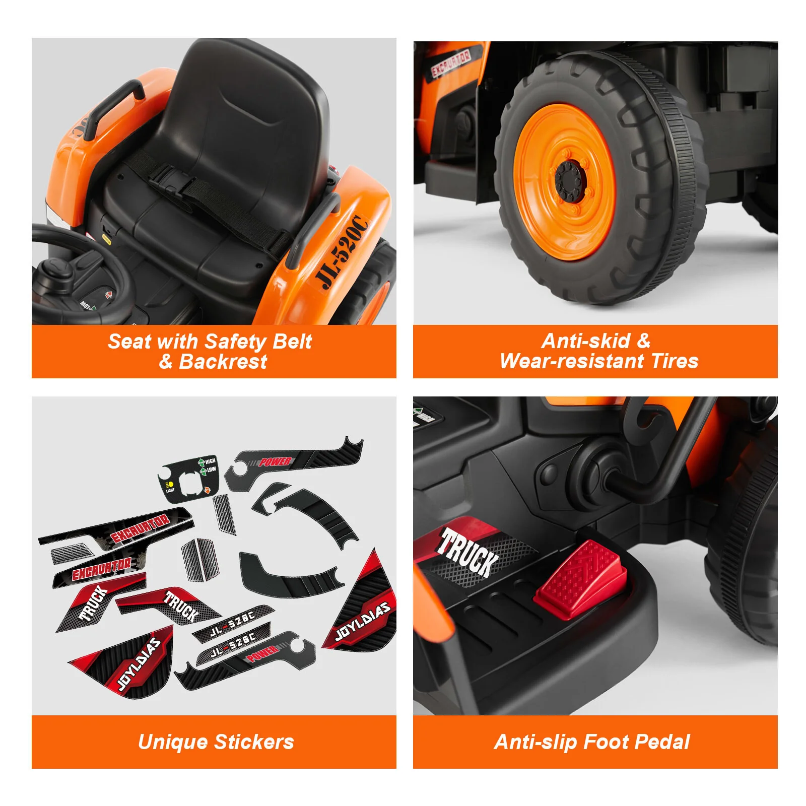12V Orange Electric Ride-On Excavator with Remote Control for Kids Boys and Girls Gift - Image 9