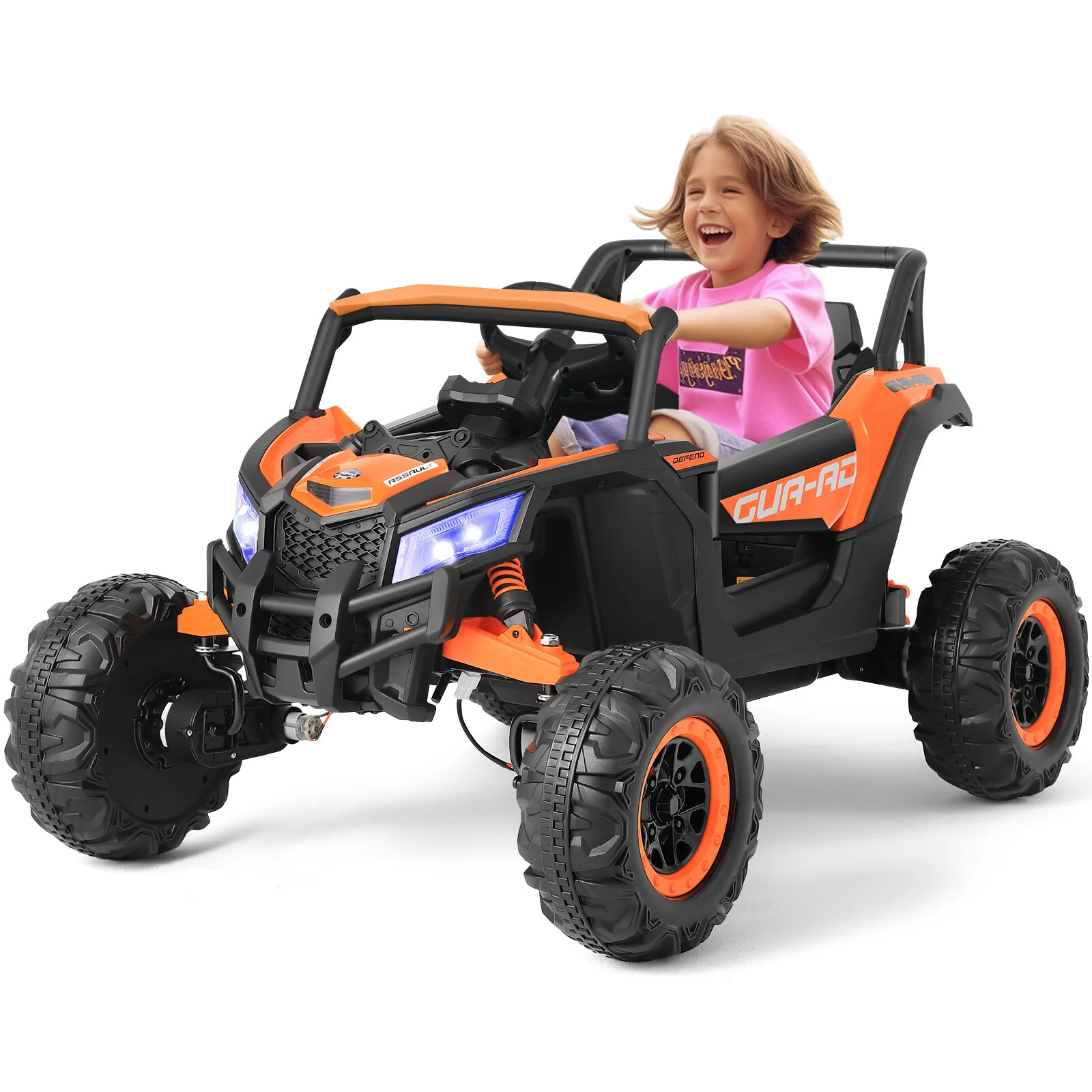 Orange 12V Electric Ride-On UTV Car for Kids with 3 Speeds, Music, and Remote Control