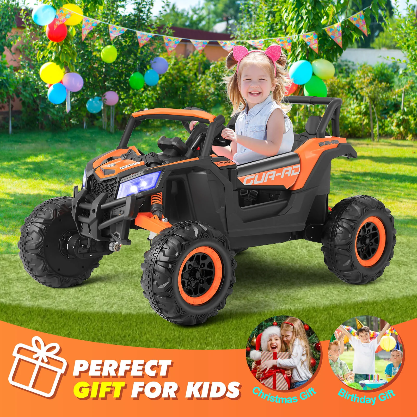 Orange 12V Electric Ride-On UTV Car for Kids with 3 Speeds, Music, and Remote Control - Image 3