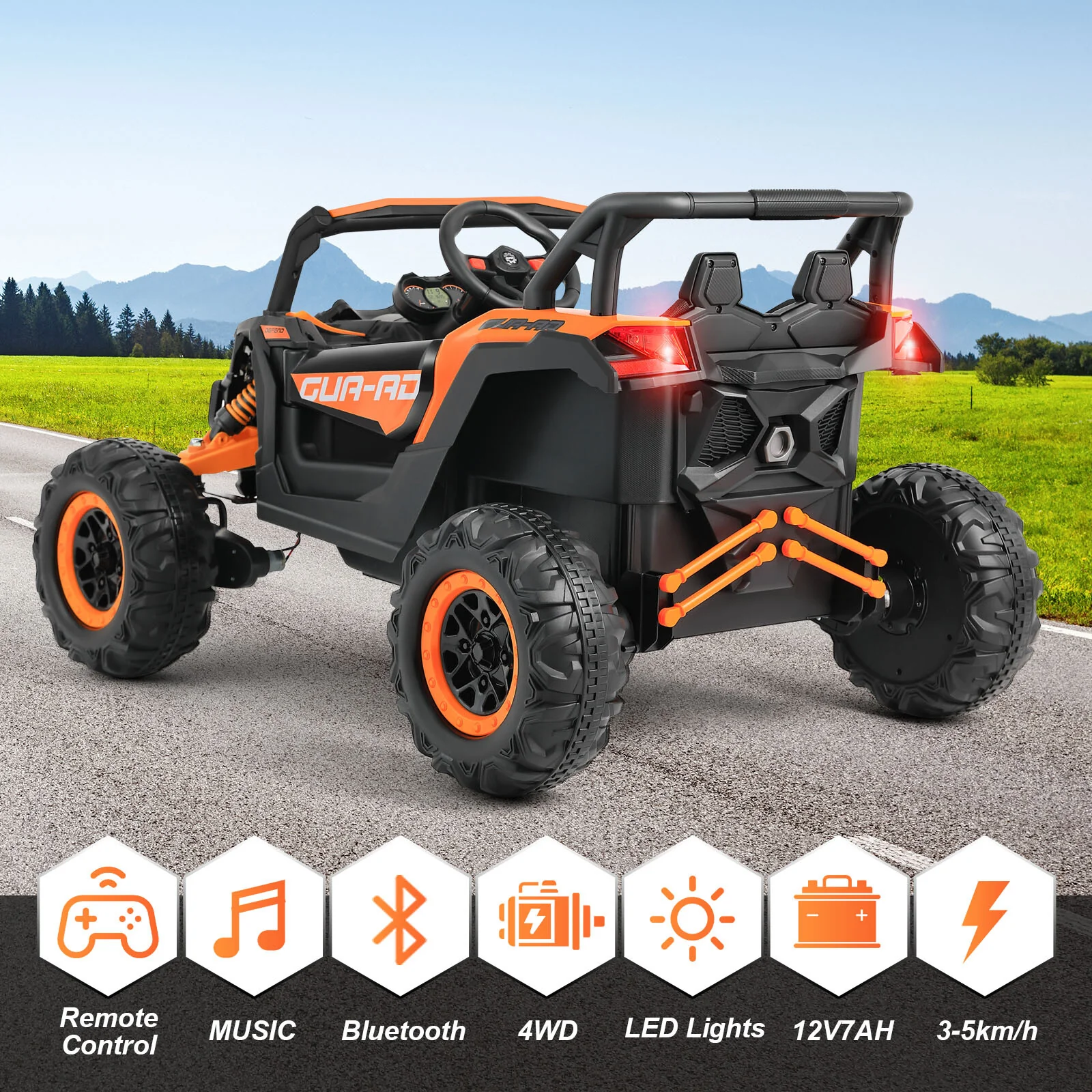 Orange 12V Electric Ride-On UTV Car for Kids with 3 Speeds, Music, and Remote Control - Image 6