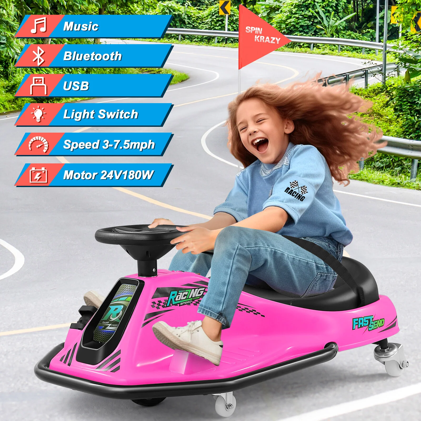 24V Pink Electric Kids Drifting Ride-On Car with 360° Rotation - Image 25