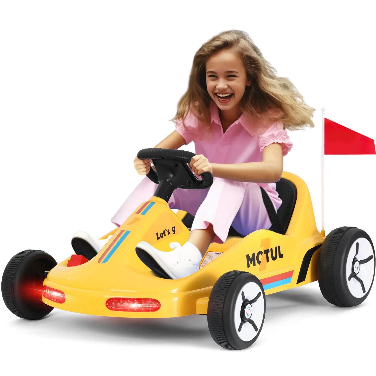 Yellow 12V Battery-Powered Kids Ride-On Go-Kart Car with 3 Speeds, Music, and Remote Control - Image 25