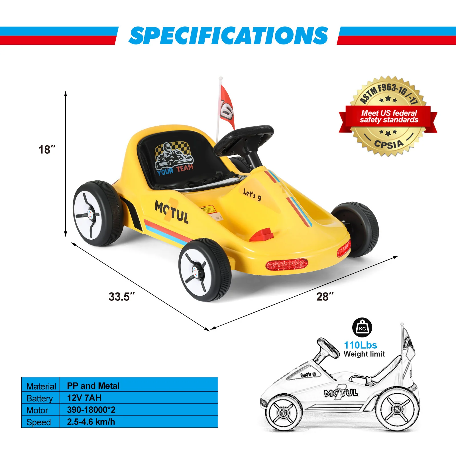 12V Yellow Kids Ride-On Go Kart Car with 3 Speeds, Bluetooth Music, and Remote Control - Image 3