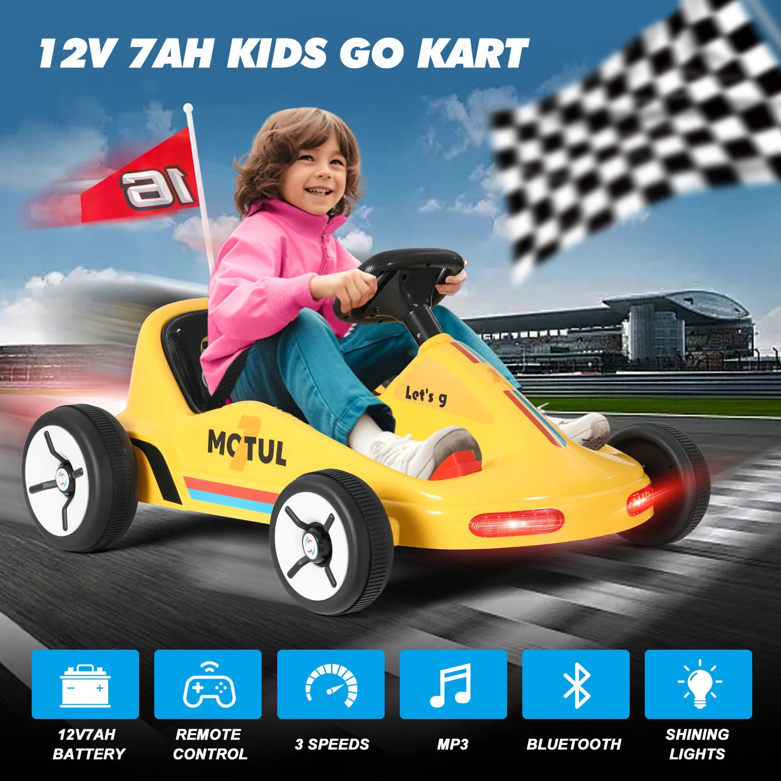 12V Yellow Kids Ride-On Go Kart Car with 3 Speeds, Bluetooth Music, and Remote Control - Image 4