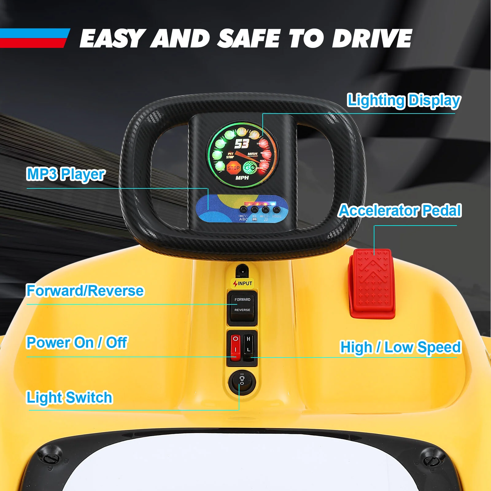 12V Yellow Kids Ride-On Go Kart Car with 3 Speeds, Bluetooth Music, and Remote Control - Image 7