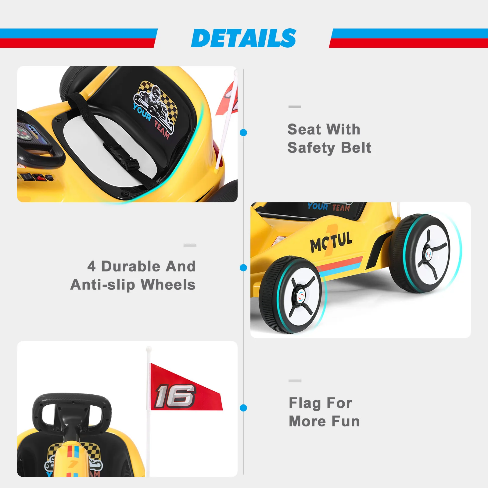 12V Yellow Kids Ride-On Go Kart Car with 3 Speeds, Bluetooth Music, and Remote Control - Image 9
