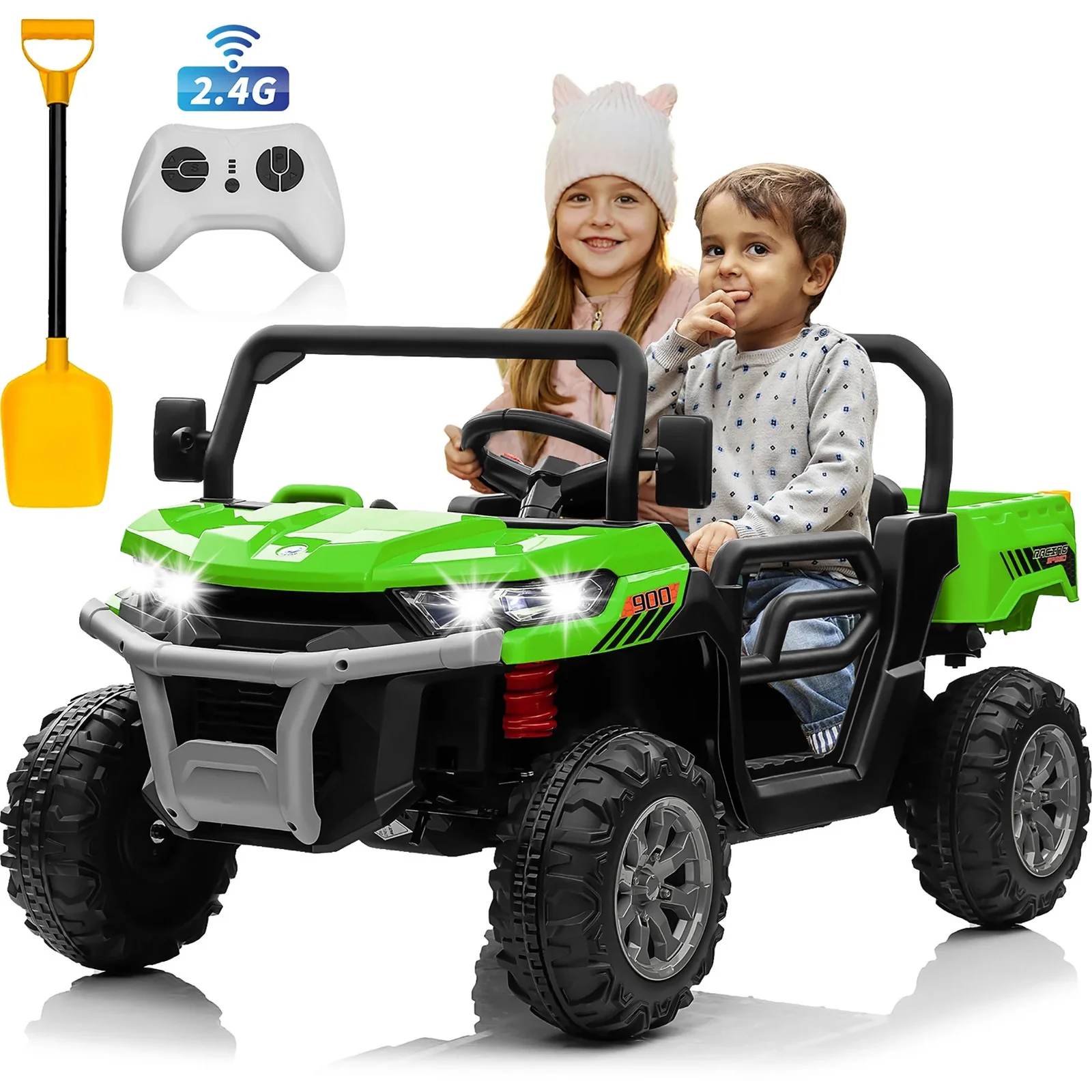 24V Green 4WD 2-Seater Ride-On Tractor with Remote Control and Trailer - Image 2
