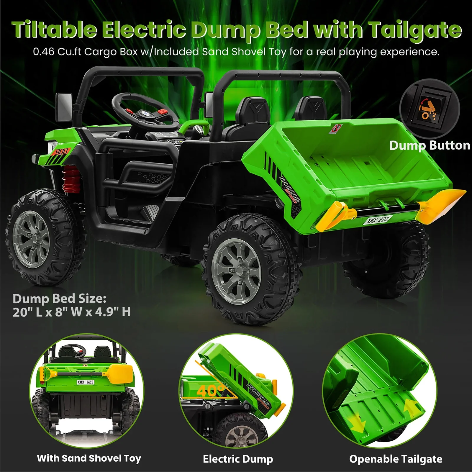 24V Green 4WD 2-Seater Ride-On Tractor with Remote Control and Trailer - Image 3