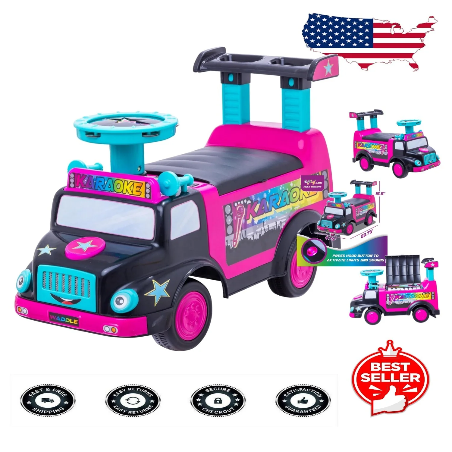Interactive Toddler Ride-On Karaoke Party Bus Toy with Musical Instruments
