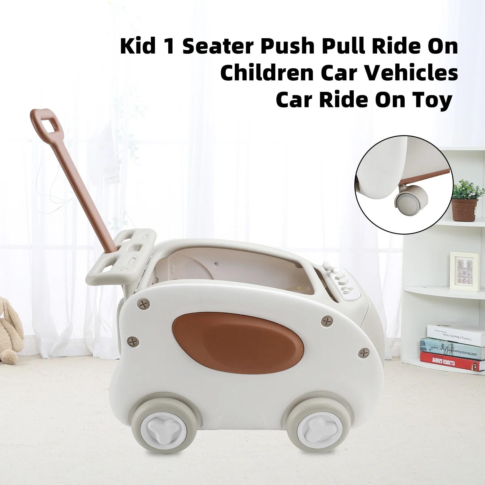 Khaki 1-Seater Push and Pull Ride-On Car Toy for Kids - Image 15