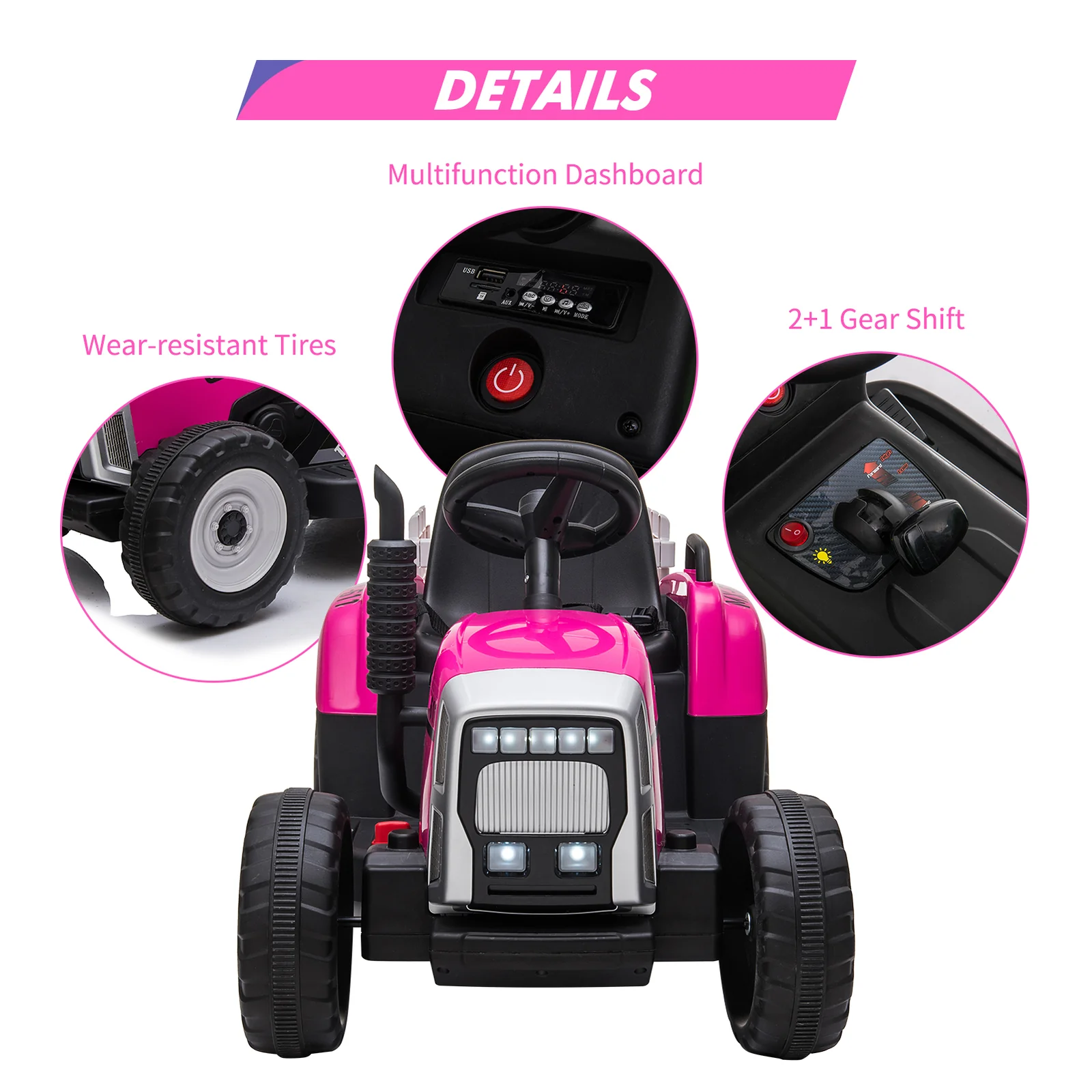 Kids Electric Tractor with Trailer for Ages 3-6, Remote Control, Gear Shift, MP3, LED Lights, USB Port - Image 5