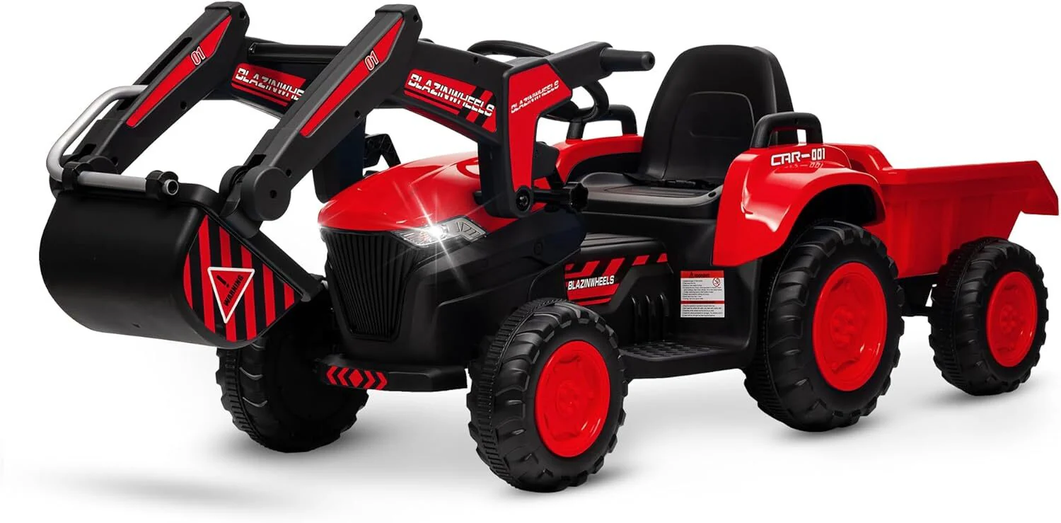 12V Kids Ride-On Excavator and Tractor with Remote Control, Digger, and LED Lights - Image 3