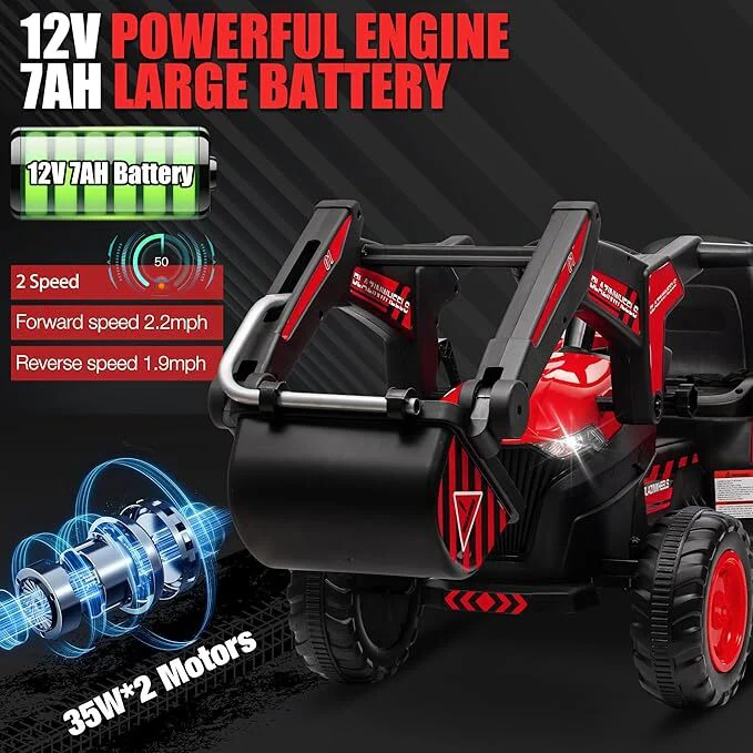 12V Kids Ride-On Excavator and Tractor with Remote Control, Digger, and LED Lights - Image 4